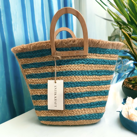 NWT Antik Kraft turquoise stripe jute tote bag - Picture 1 of 3